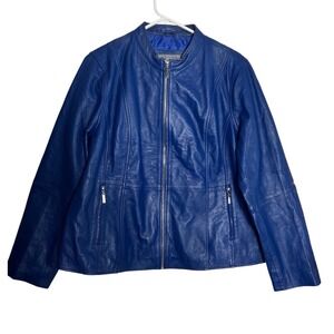 Vintage Jessica London Bright Royal Blue Genuine Leather Moto Jacket Women's 18W